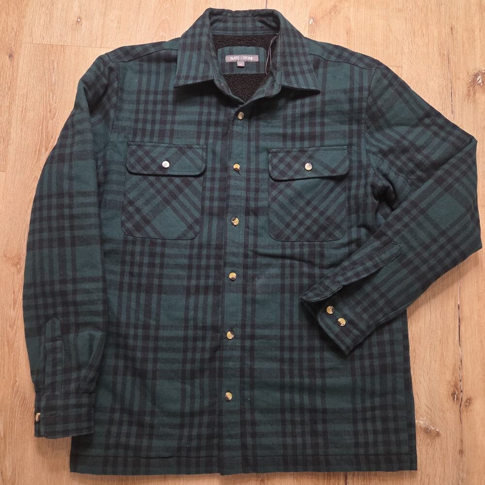 Slate & Stone Men’s M Green Black Plaid Sherpa Lined Flannel Shirt Jacket